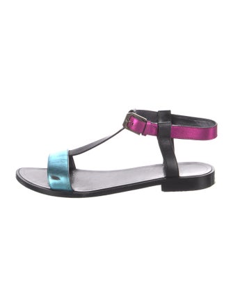 Saint Laurent Leather Colorblock Pattern T-Strap Sandals