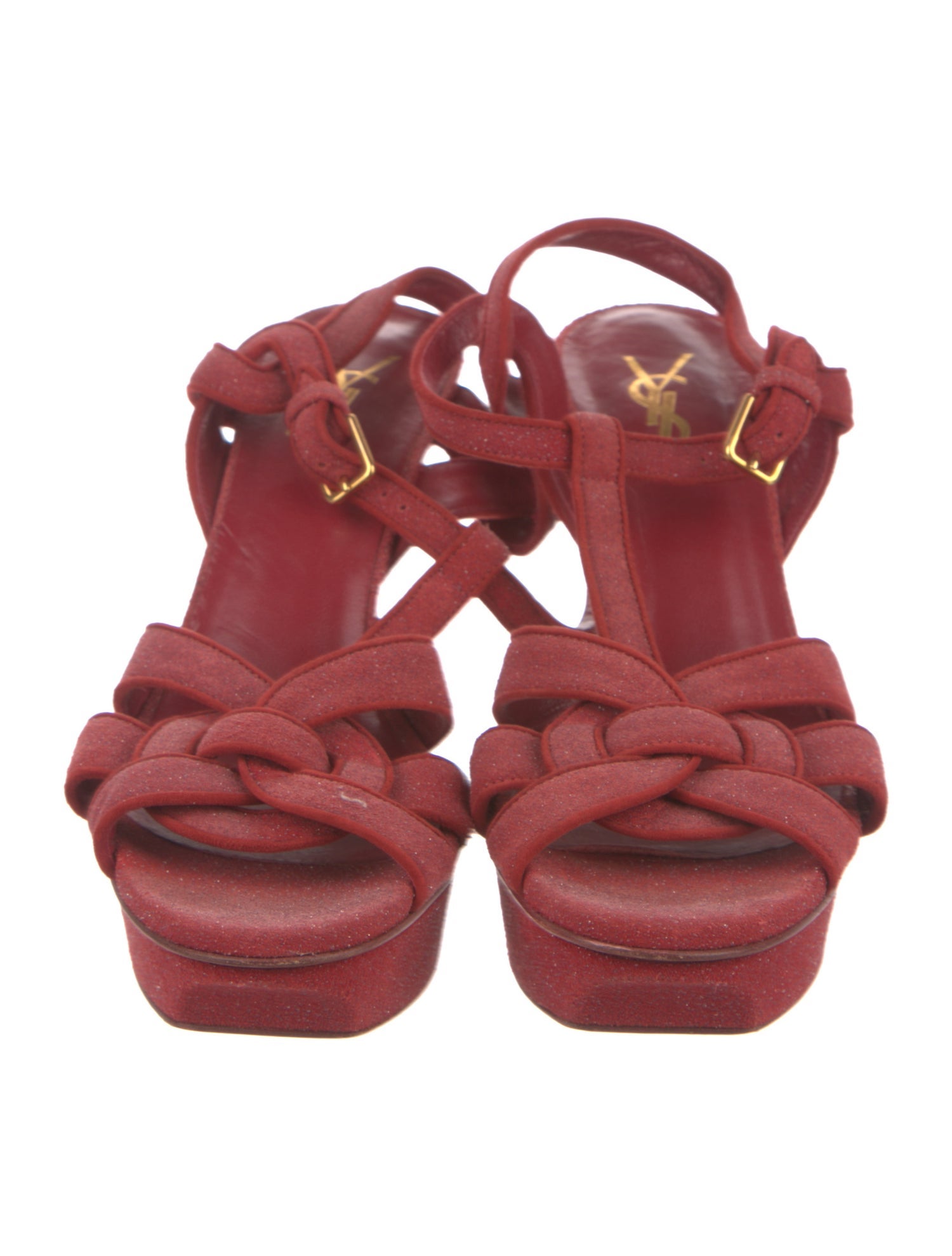 Saint Laurent Satin Glitter Accents T-Strap Sandals