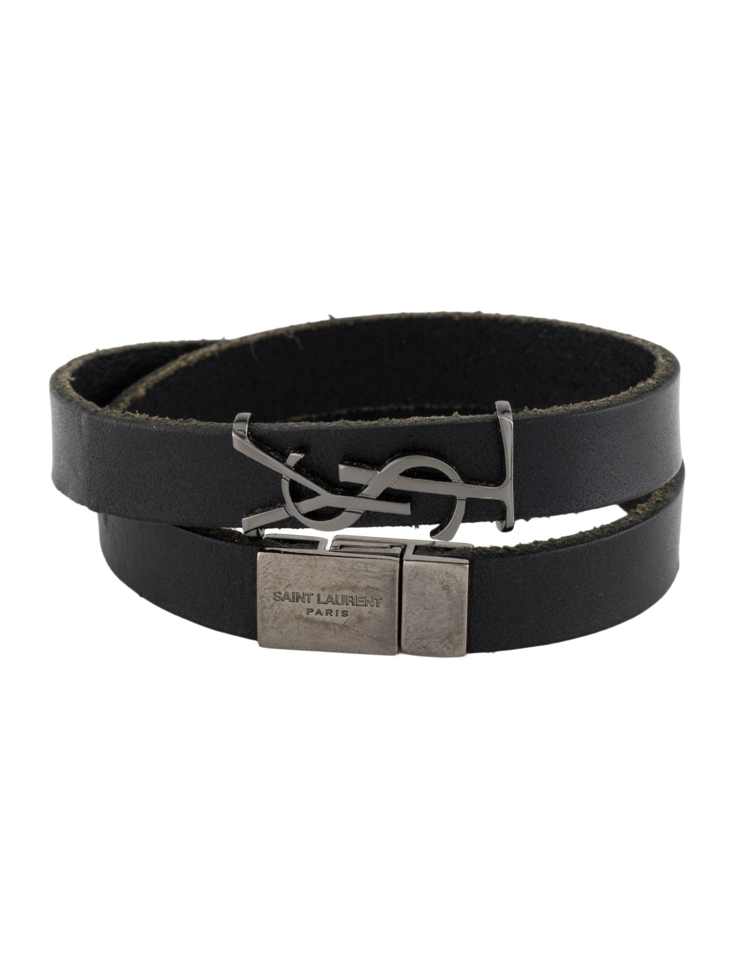 Saint Laurent Leather Cassandre Double-Wrap Bracelet