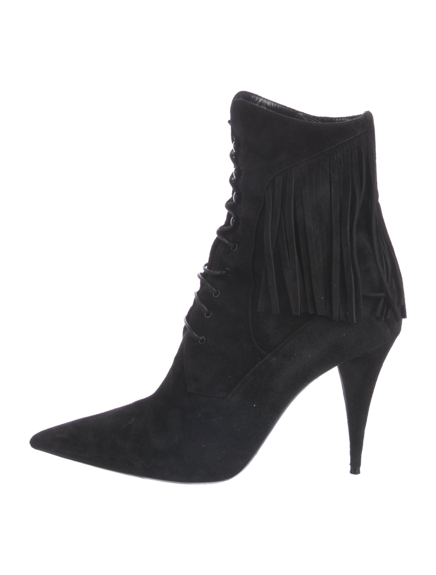 Saint Laurent Suede Fringe Trim Accent Lace-Up Boots