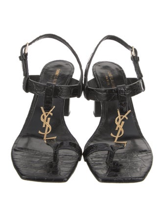 Saint Laurent Signature Logo Embossed Leather T-Strap Sandals