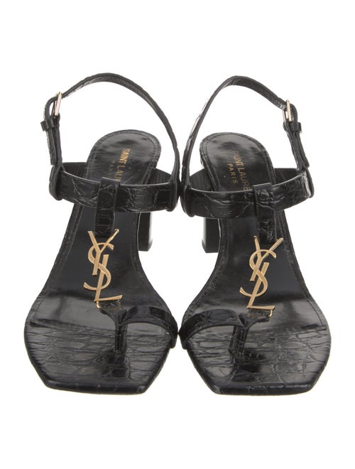 Saint Laurent Signature Logo Embossed Leather T-Strap Sandals