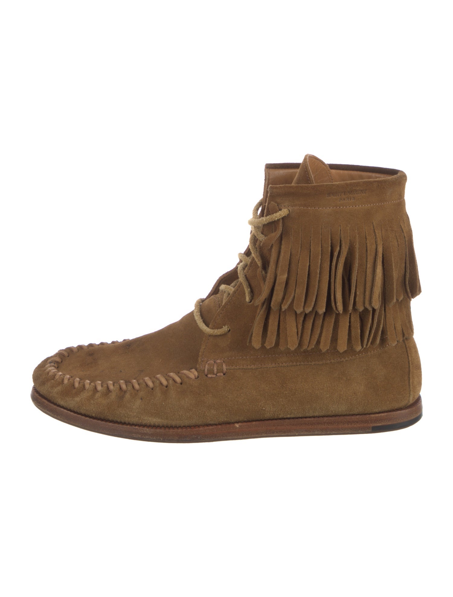 Saint Laurent Suede Fringe Trim Accent Lace-Up Boots