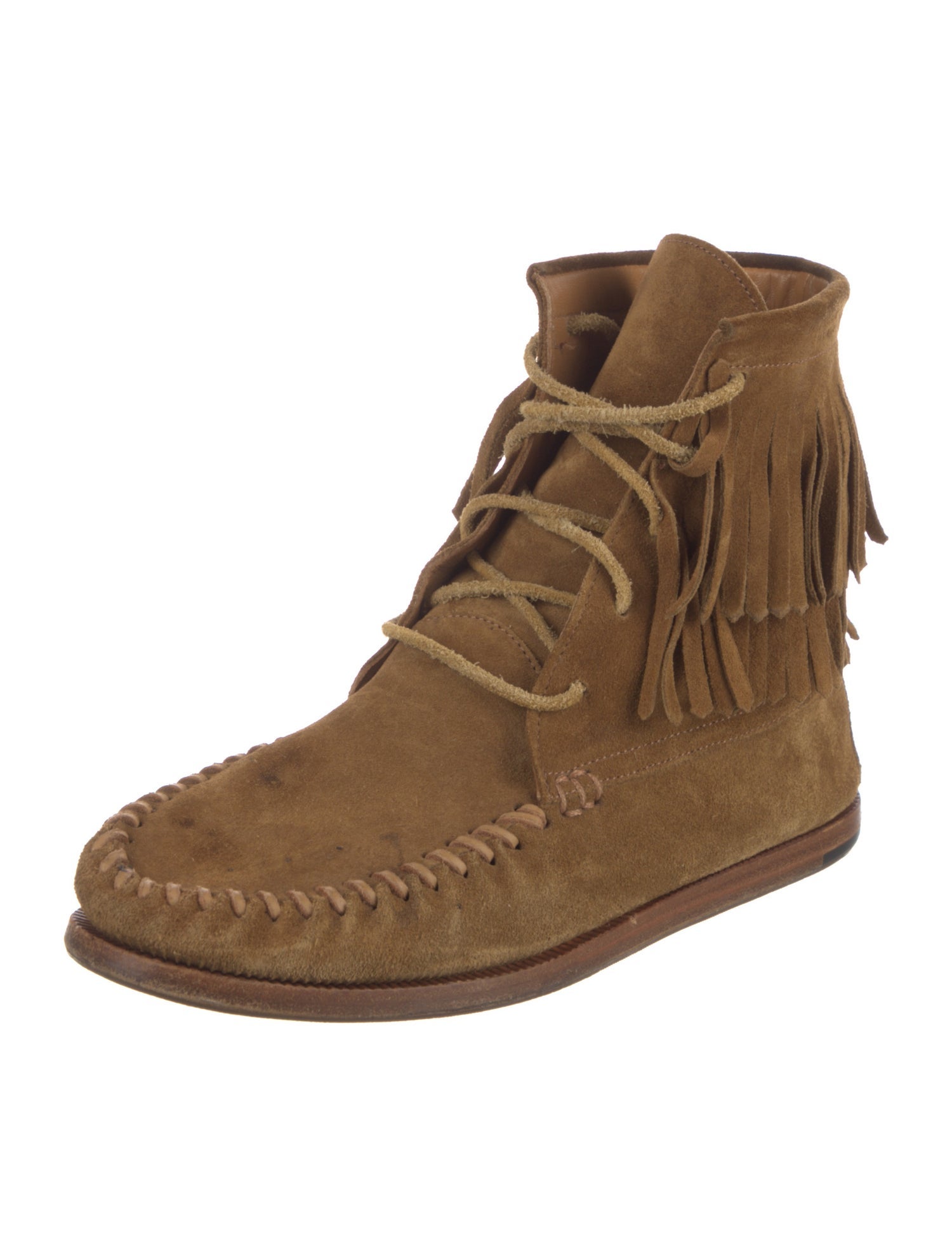Saint Laurent Suede Fringe Trim Accent Lace-Up Boots
