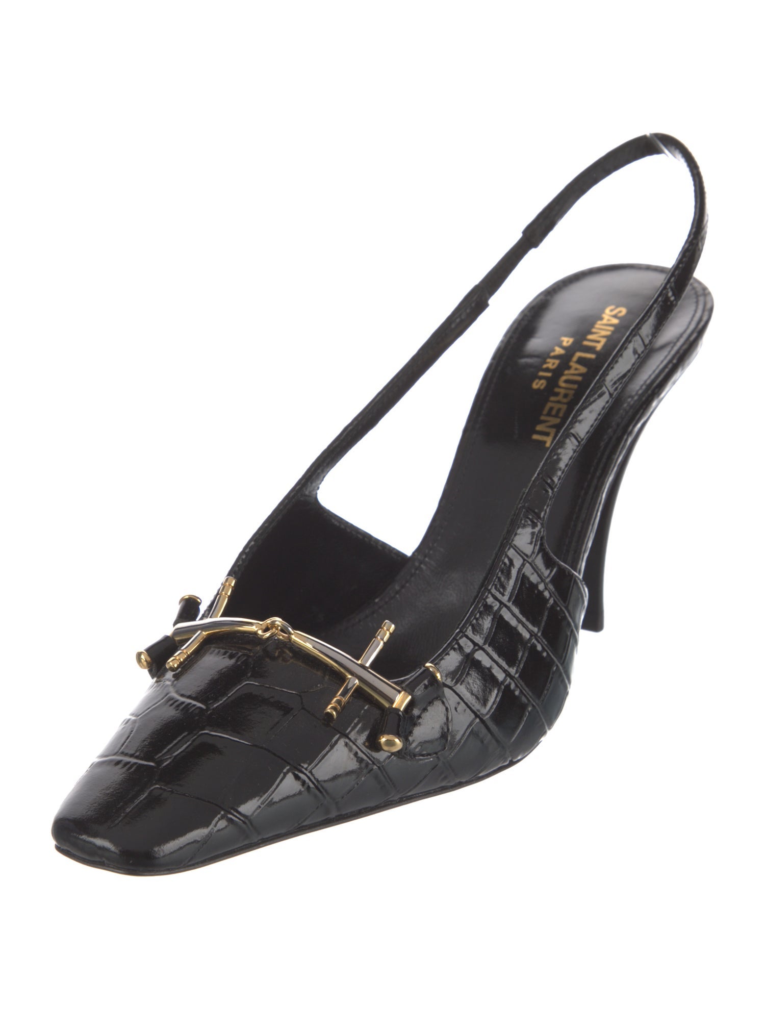 Saint Laurent Horsebit Accent Embossed Leather Slingback Pumps