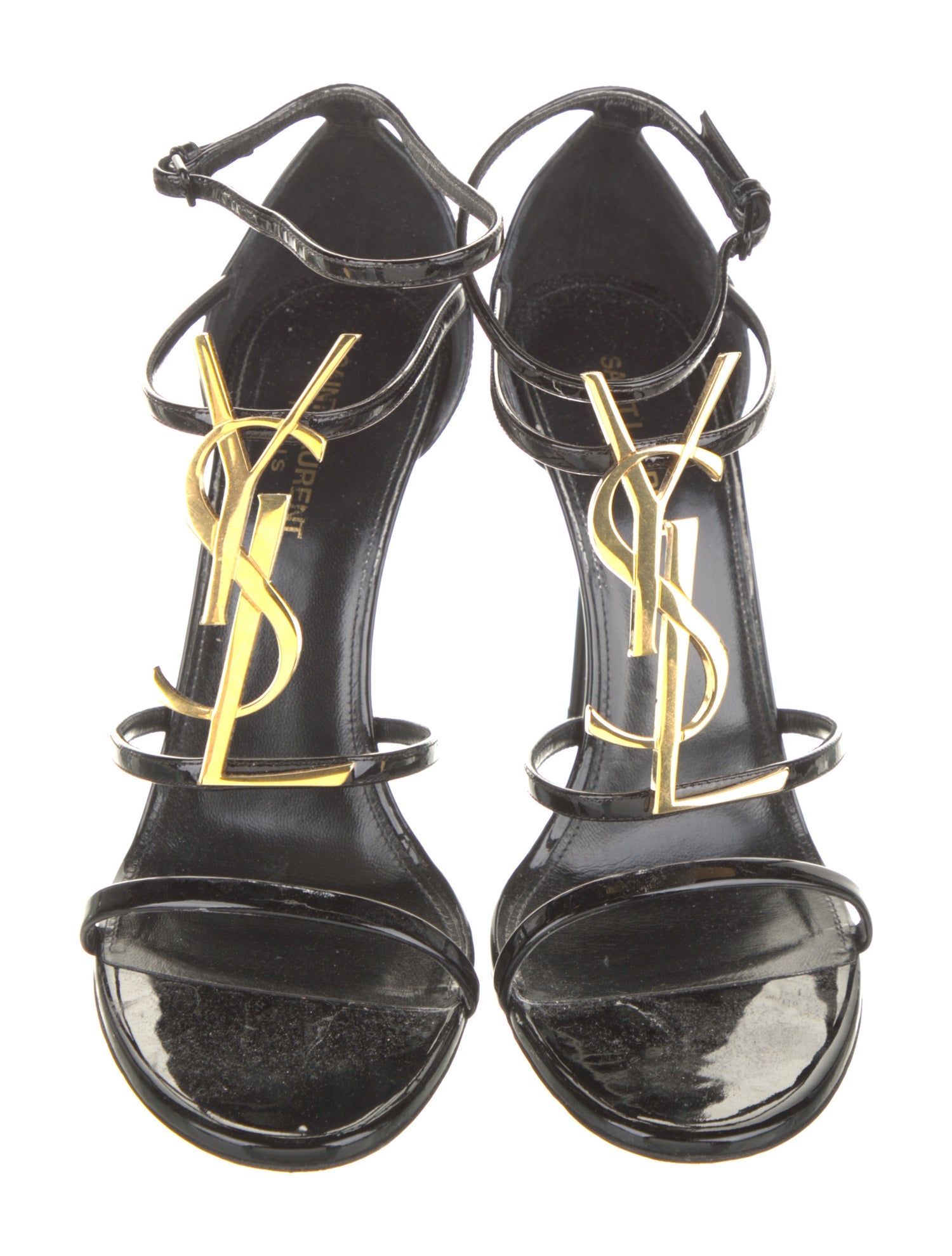 Saint Laurent Patent Leather Animal Print T-Strap Sandals