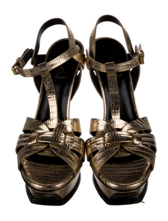 Saint Laurent Embossed Leather Animal Print T-Strap Sandals