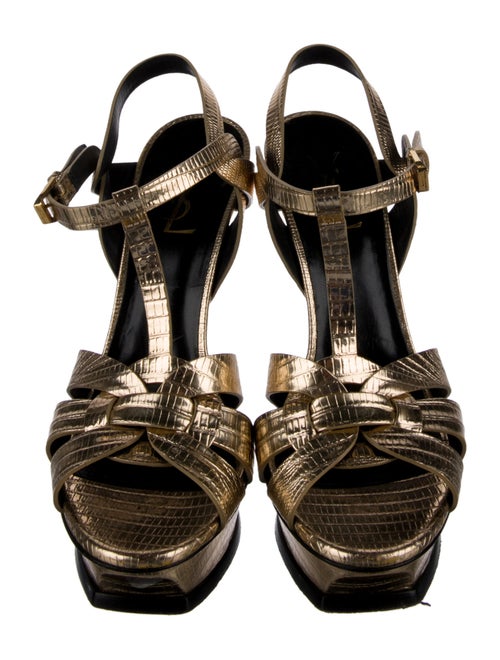 Saint Laurent Embossed Leather Animal Print T-Strap Sandals
