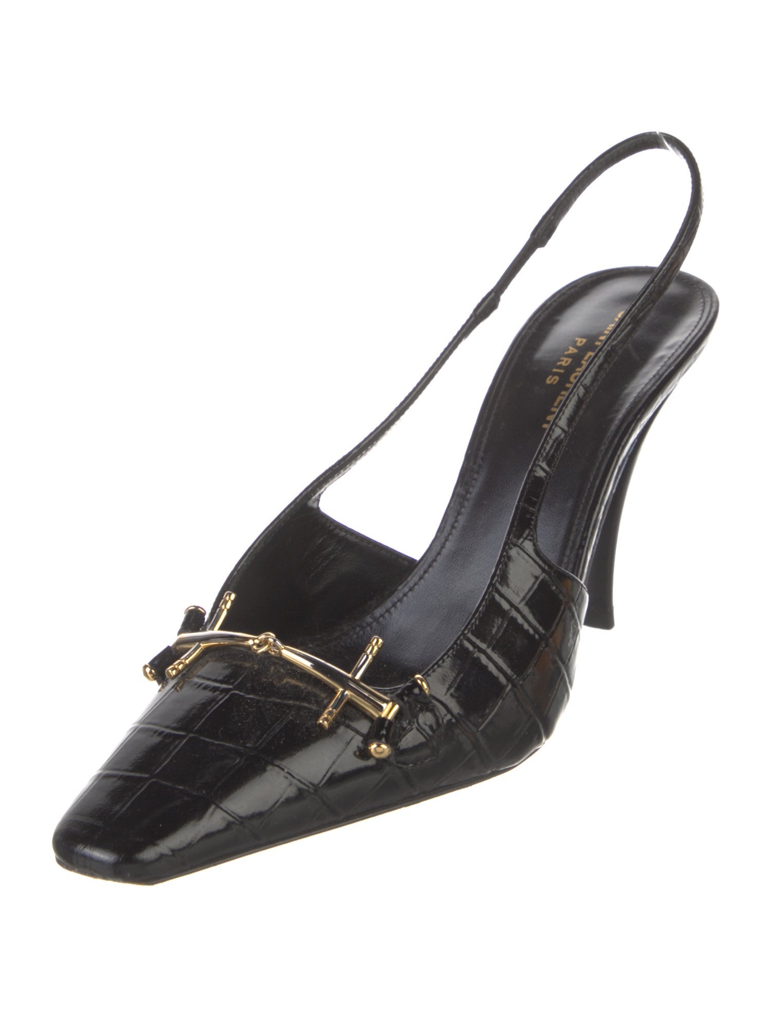 Saint Laurent Horsebit Accent Embossed Leather Slingback Pumps