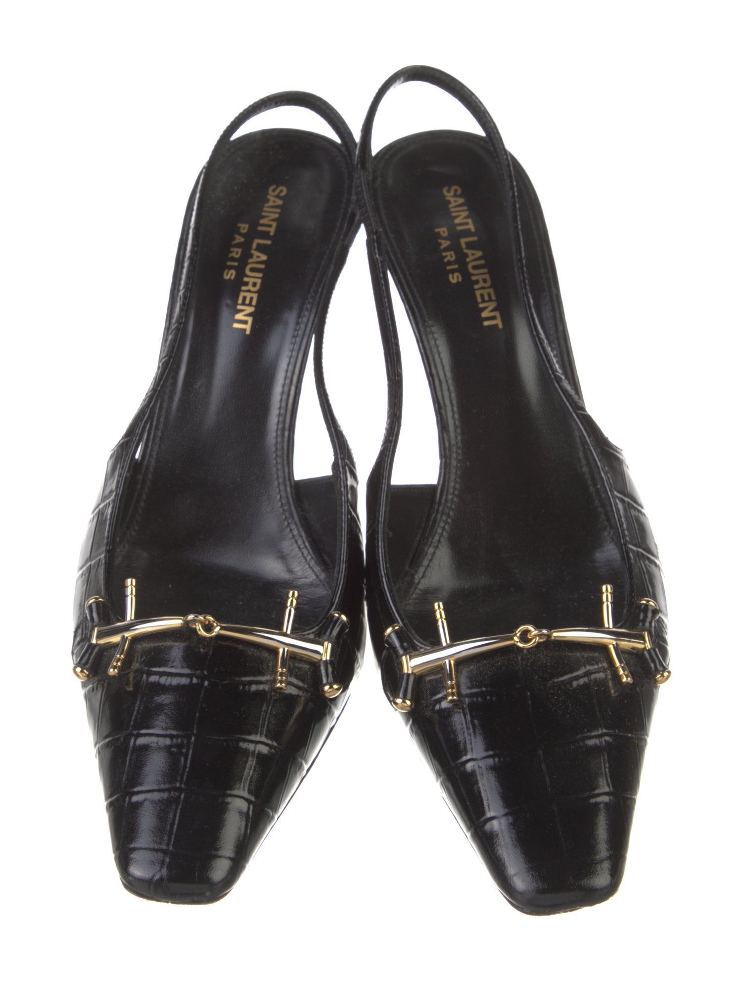 Saint Laurent Horsebit Accent Embossed Leather Slingback Pumps