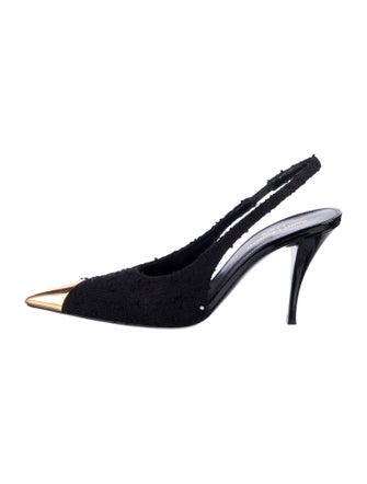 Saint Laurent Tweed Colorblock Pattern Slingback Pumps
