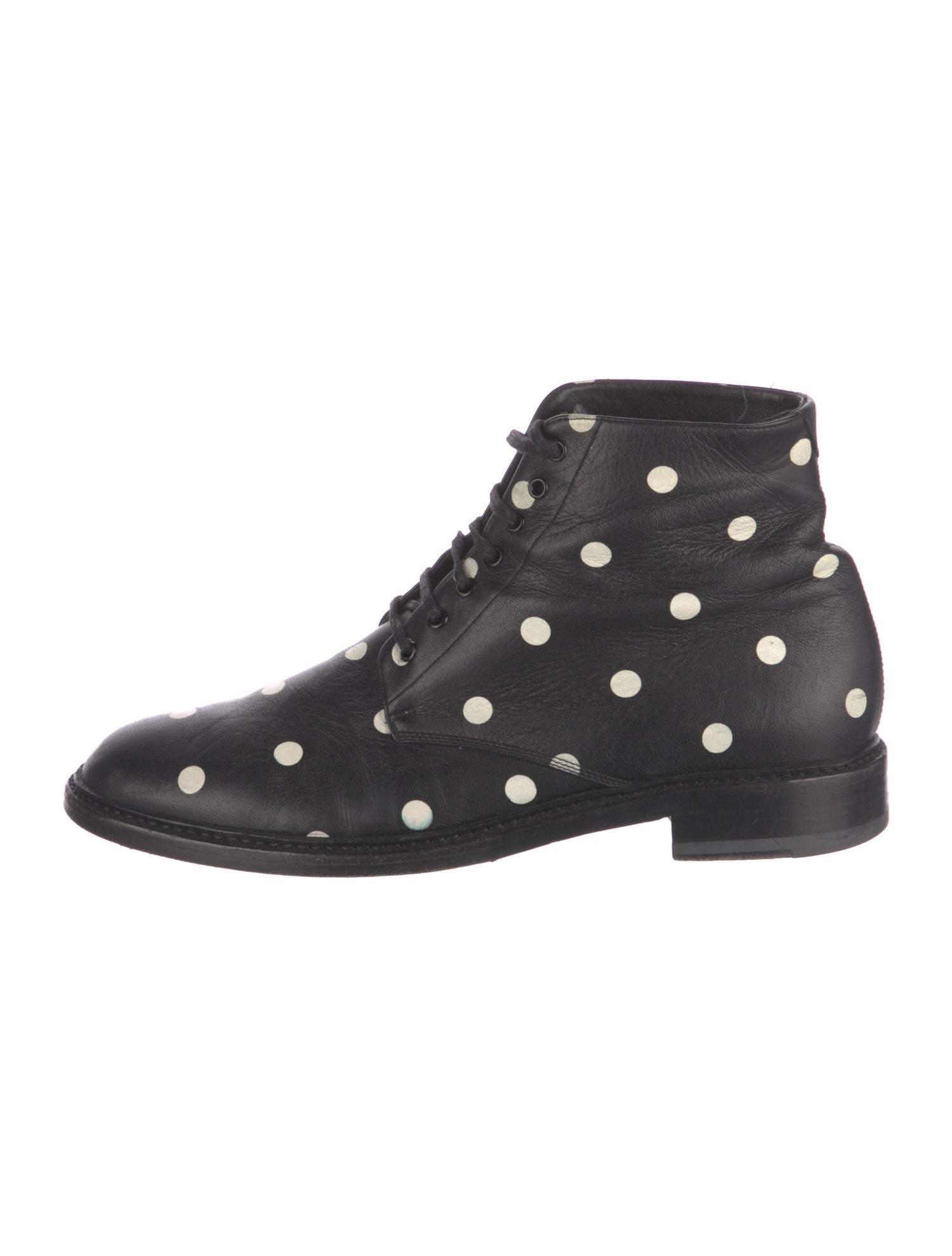 Saint Laurent Leather Polka Dot Print Lace-Up Boots
