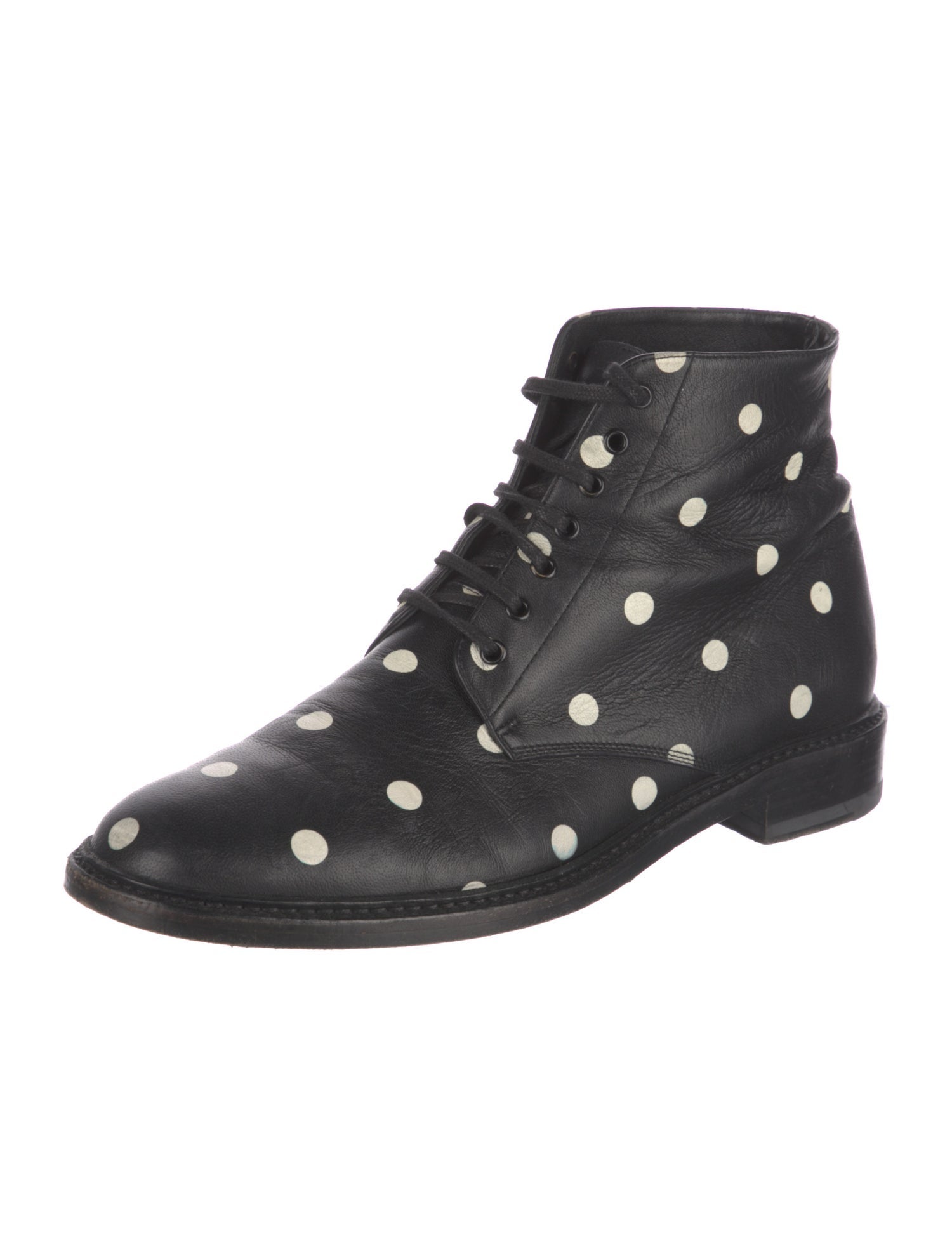 Saint Laurent Leather Polka Dot Print Lace-Up Boots
