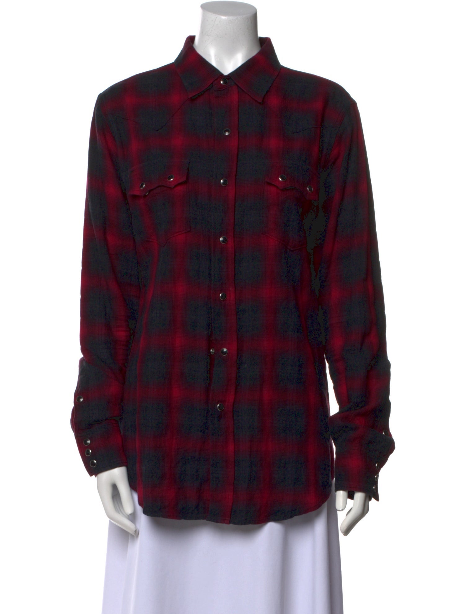 Saint Laurent Plaid Print Long Sleeve Button-Up Top