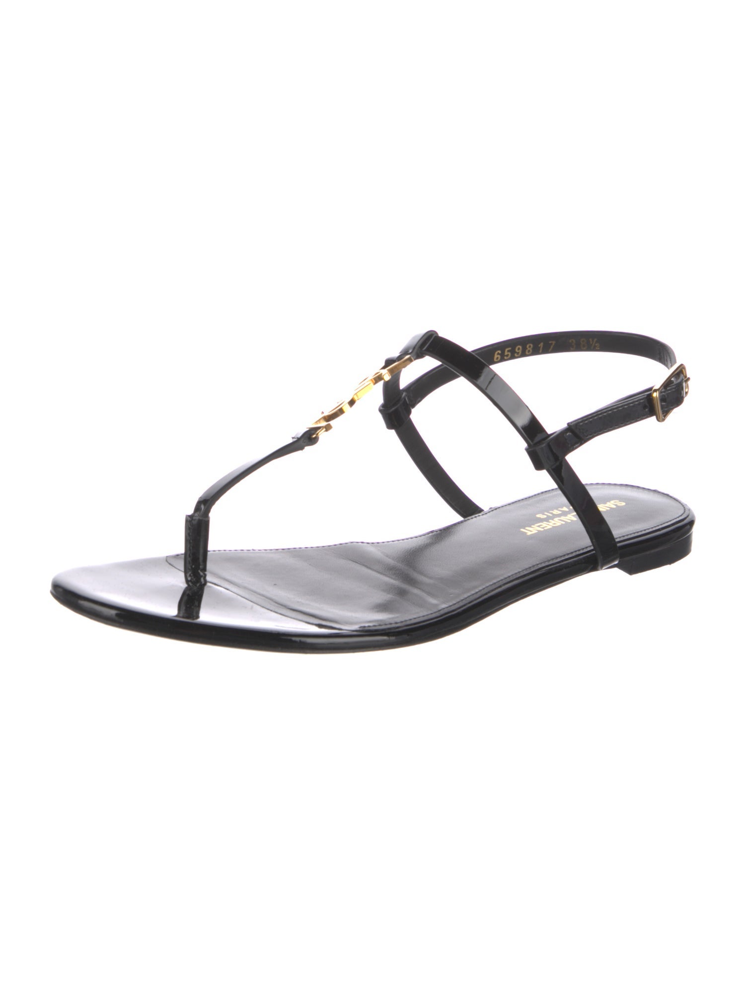 Saint Laurent Patent Leather Crystal Embellishments T-Strap Sandals