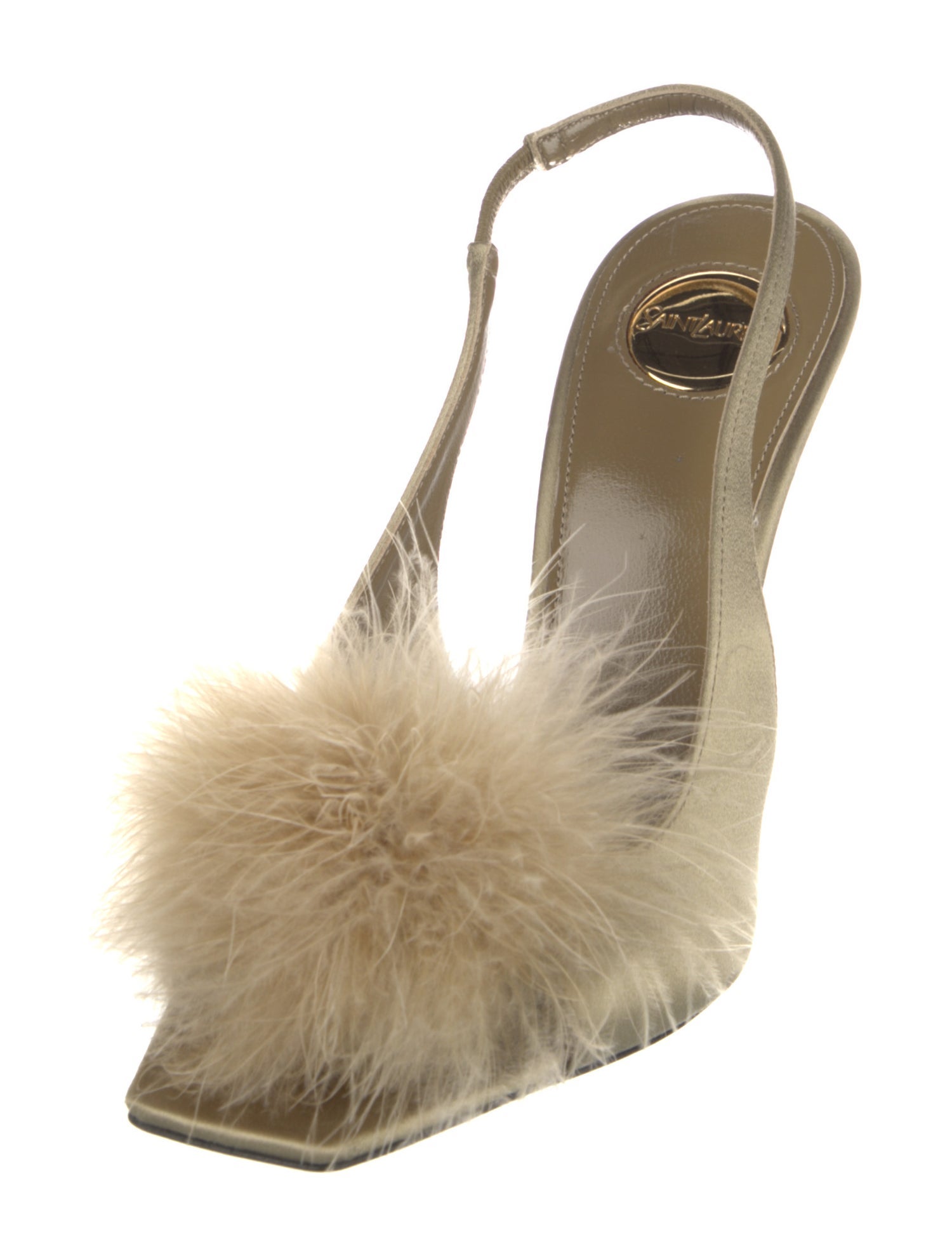 Saint Laurent Satin Feather Trim T-Strap Sandals