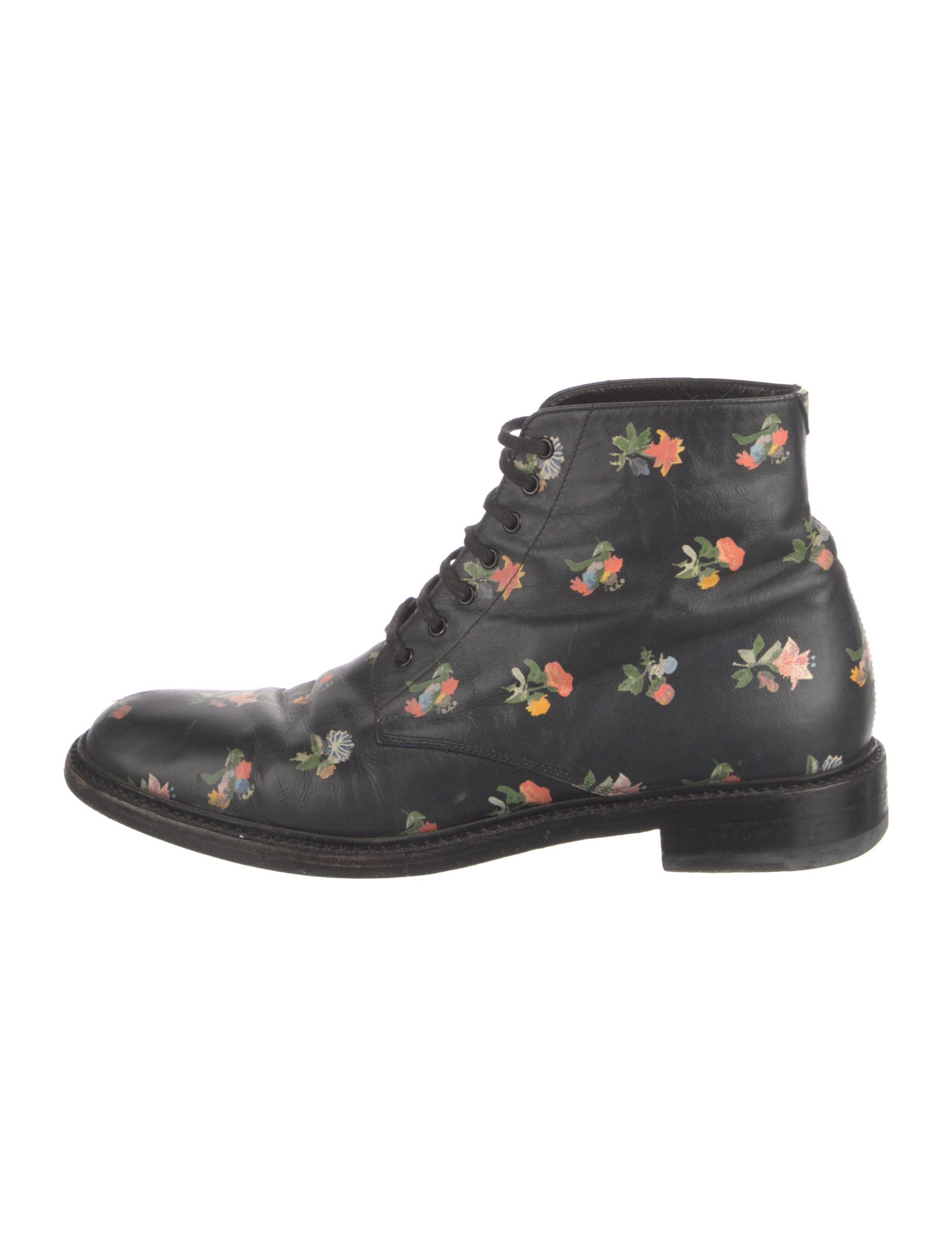 Saint Laurent Leather Floral Print Lace-Up Boots