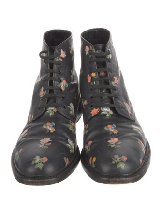 Saint Laurent Leather Floral Print Lace-Up Boots