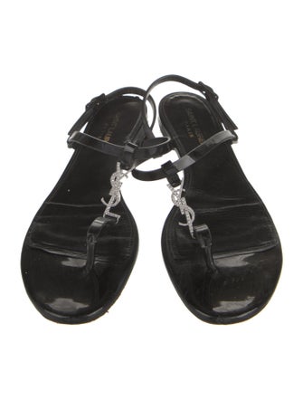 Saint Laurent Patent Leather Crystal Embellishments T-Strap Sandals
