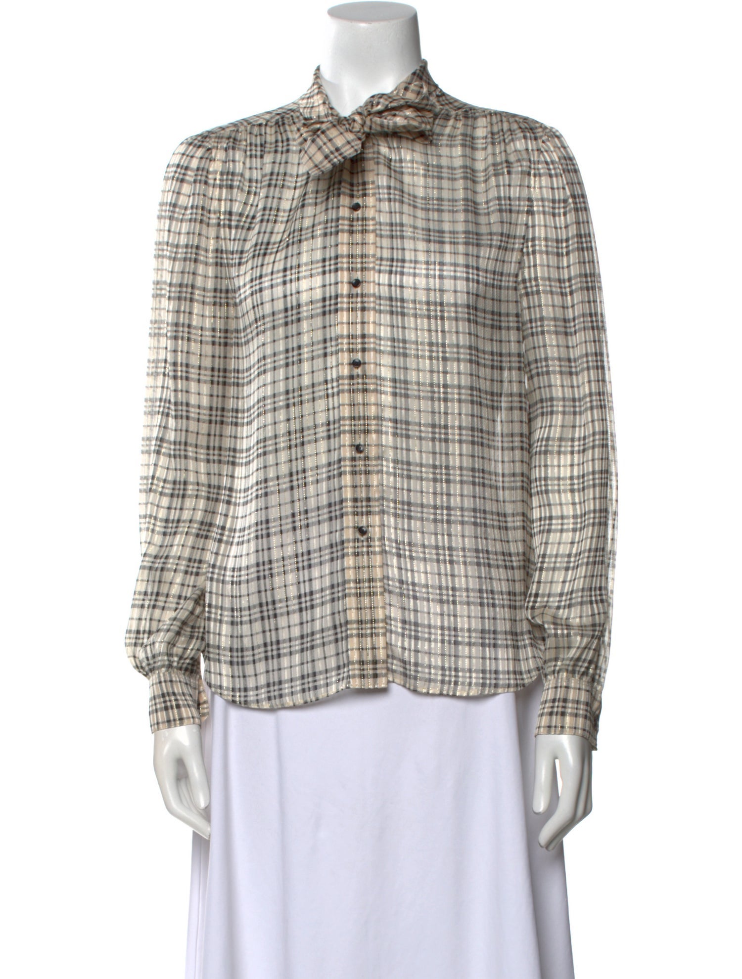 Saint Laurent Silk Plaid Print Button-Up Top