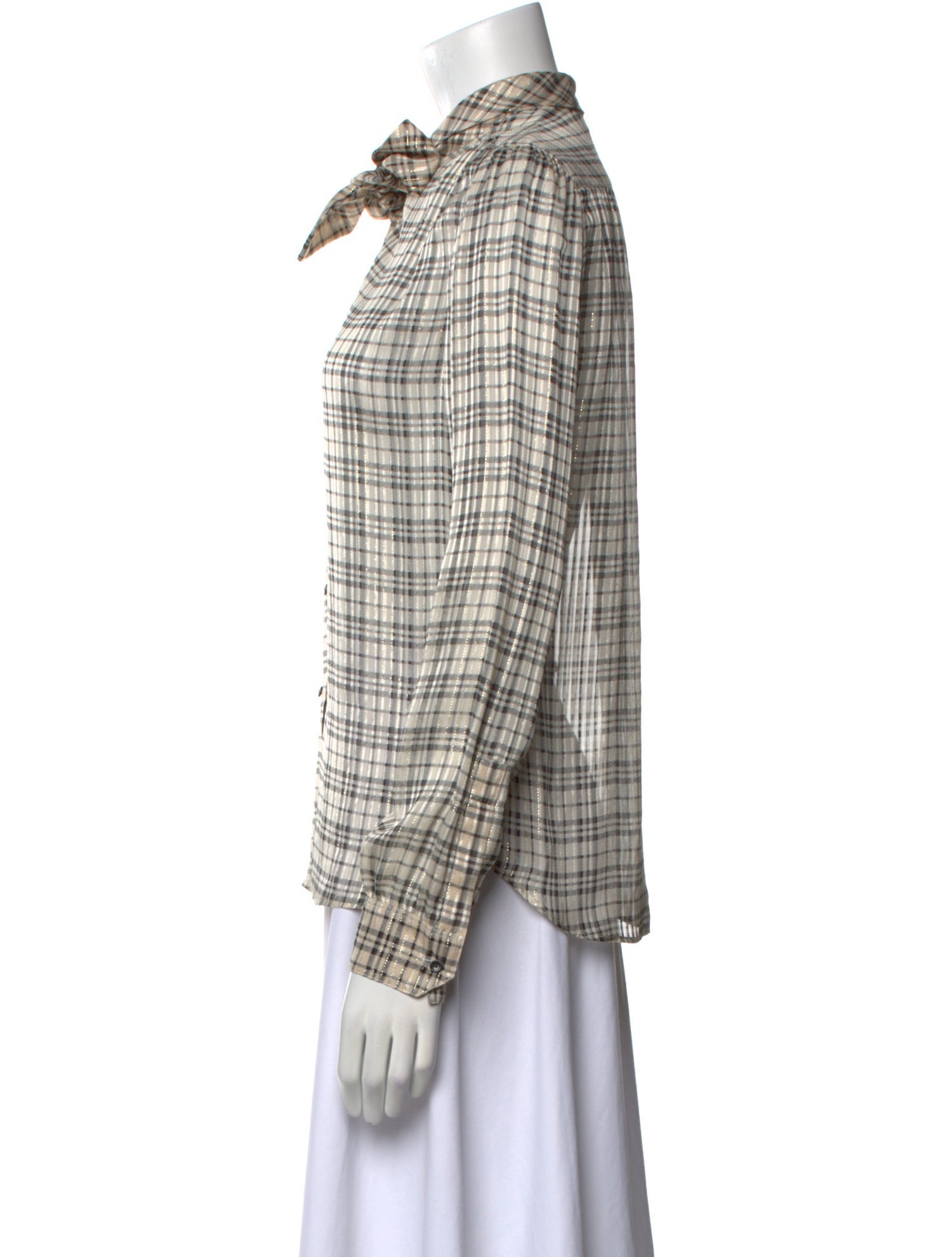 Saint Laurent Silk Plaid Print Button-Up Top