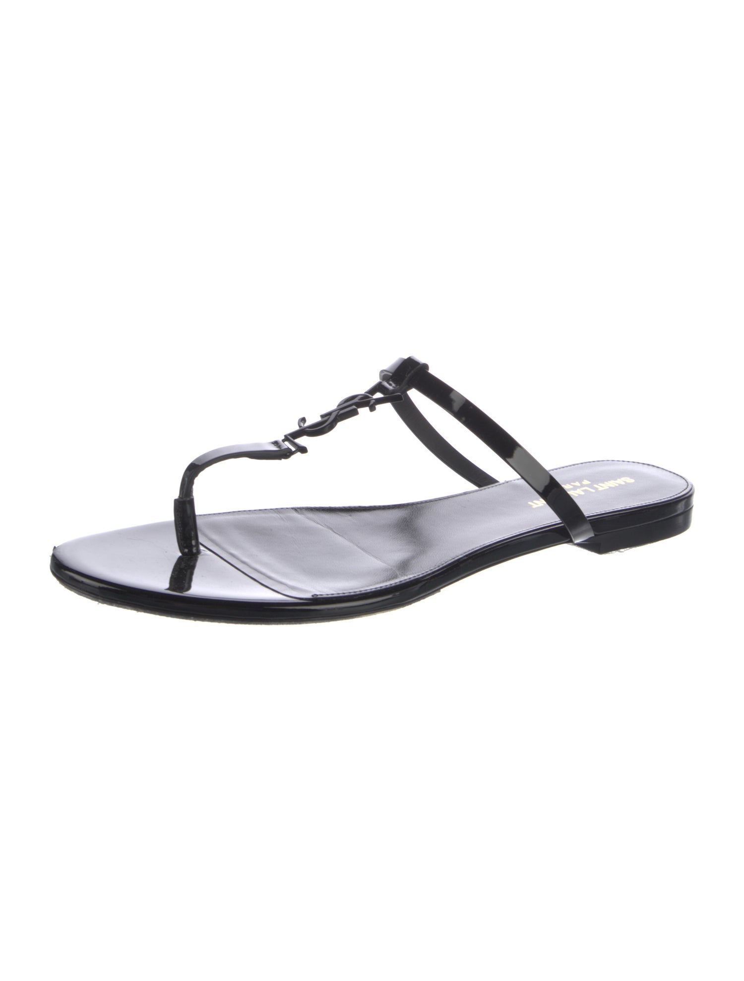 Saint Laurent Chevron Patent Leather T-Strap Sandals