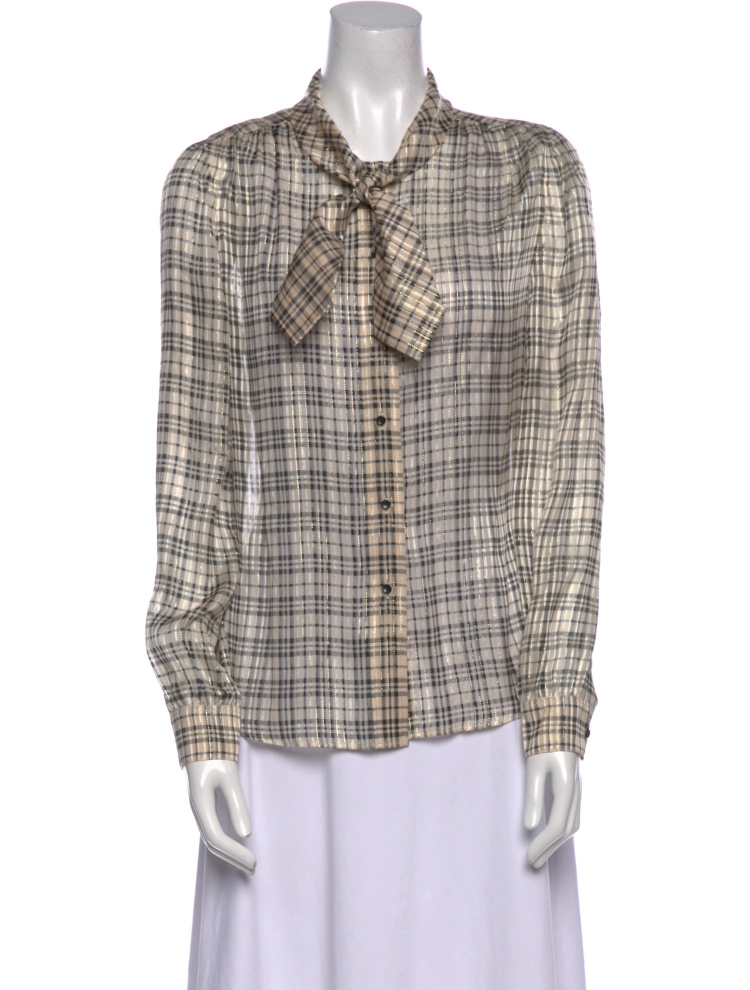 Saint Laurent Silk Plaid Print Button-Up Top