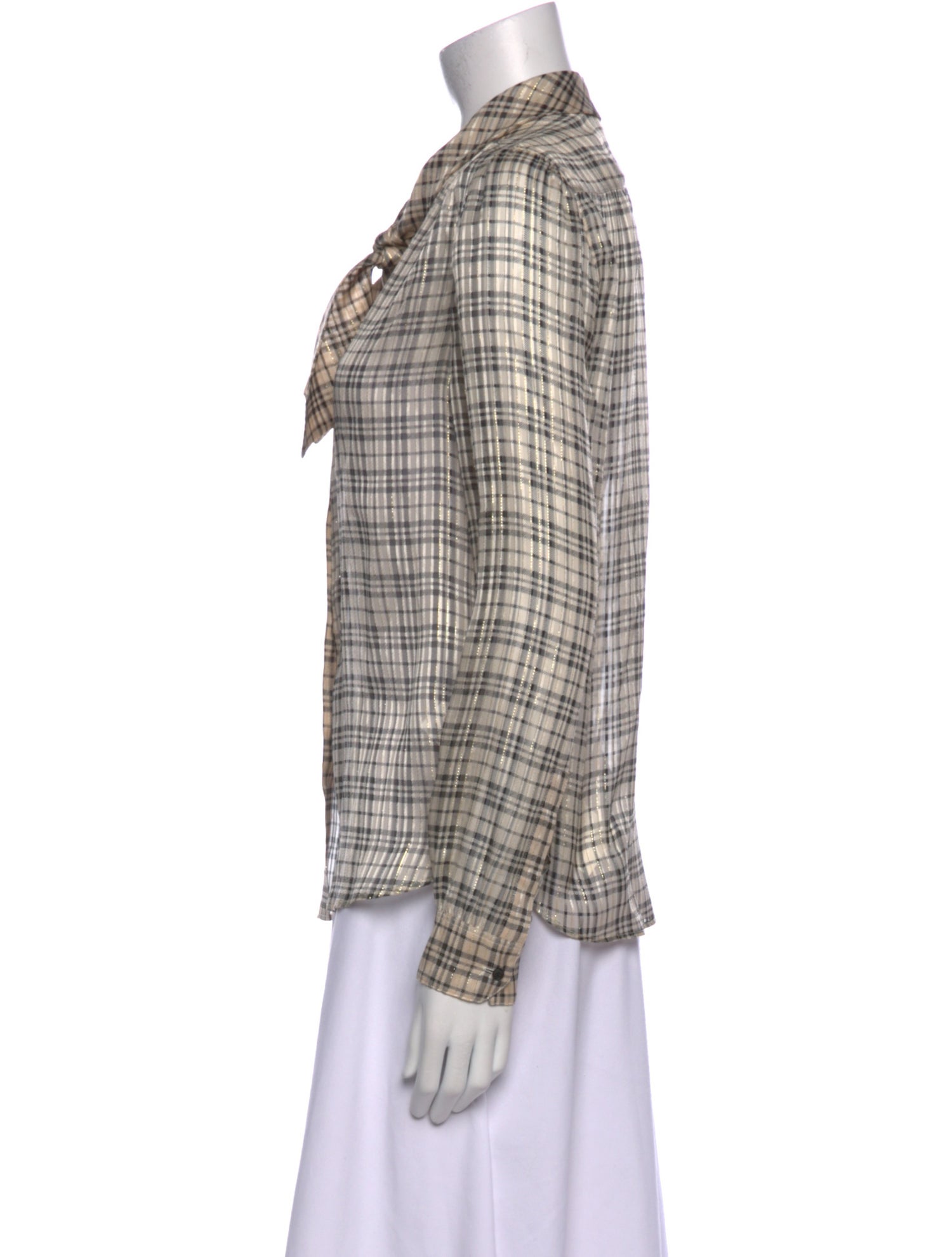 Saint Laurent Silk Plaid Print Button-Up Top