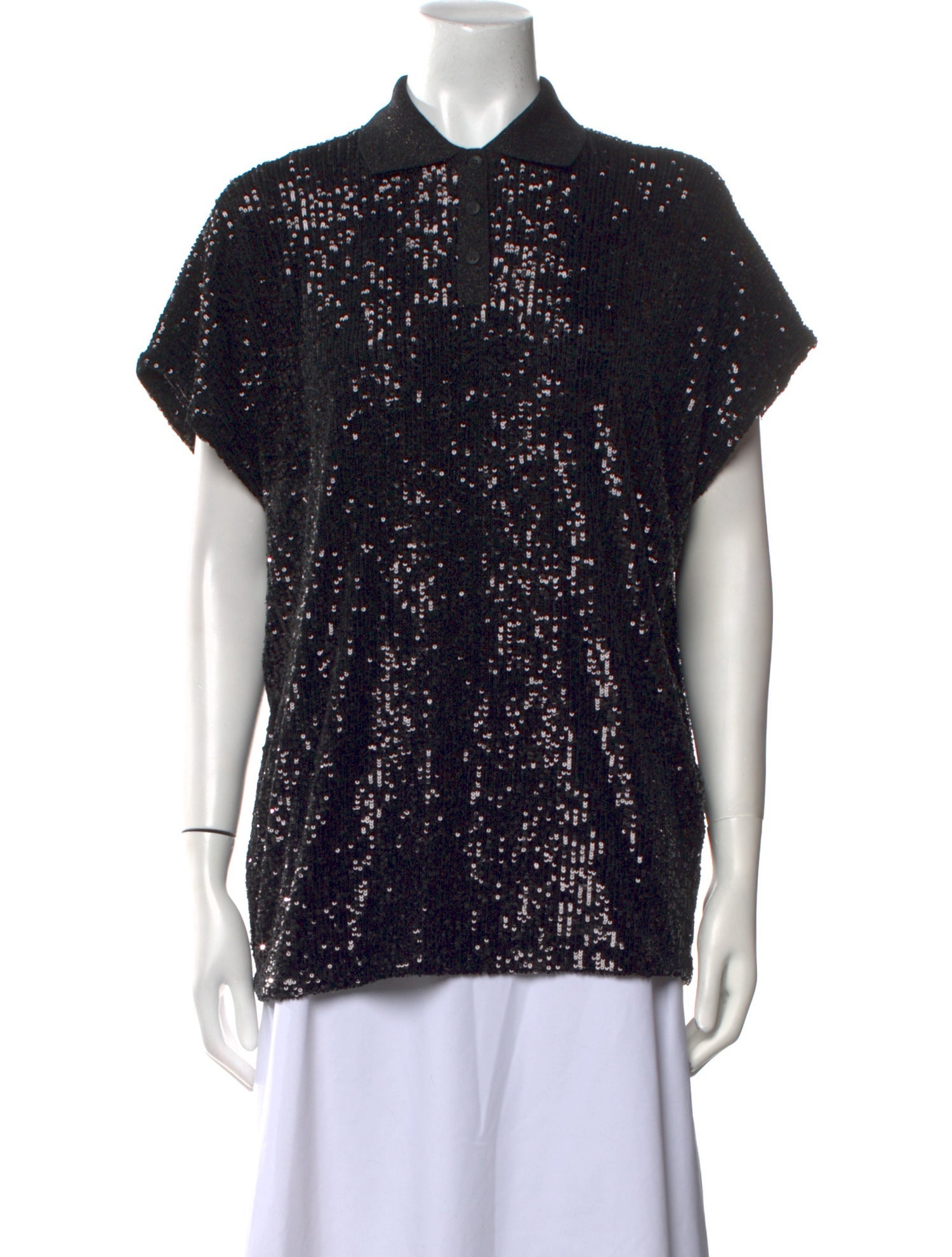 Saint Laurent Sequin Short Sleeve Button-Up Top