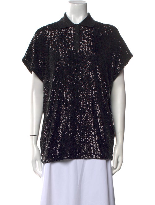 Saint Laurent Sequin Short Sleeve Button-Up Top