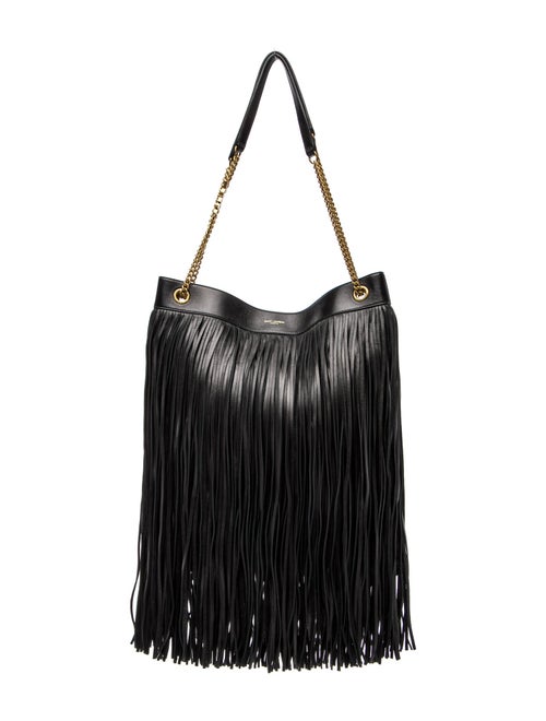 Saint Laurent Leather Grace Fringe Hobo Bag Large