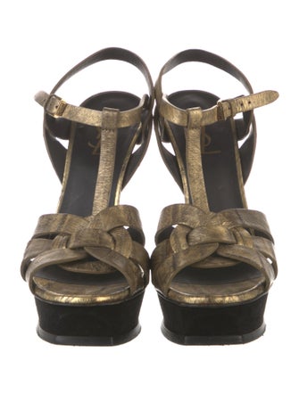 Saint Laurent Leather Colorblock Pattern T-Strap Sandals