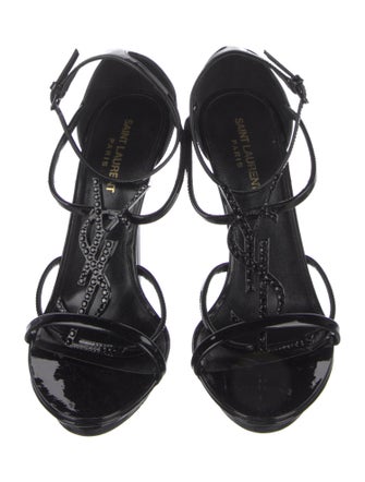 Saint Laurent Patent Leather Crystal Embellishments T-Strap Sandals