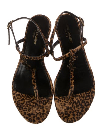 Saint Laurent Ponyhair Animal Print T-Strap Sandals