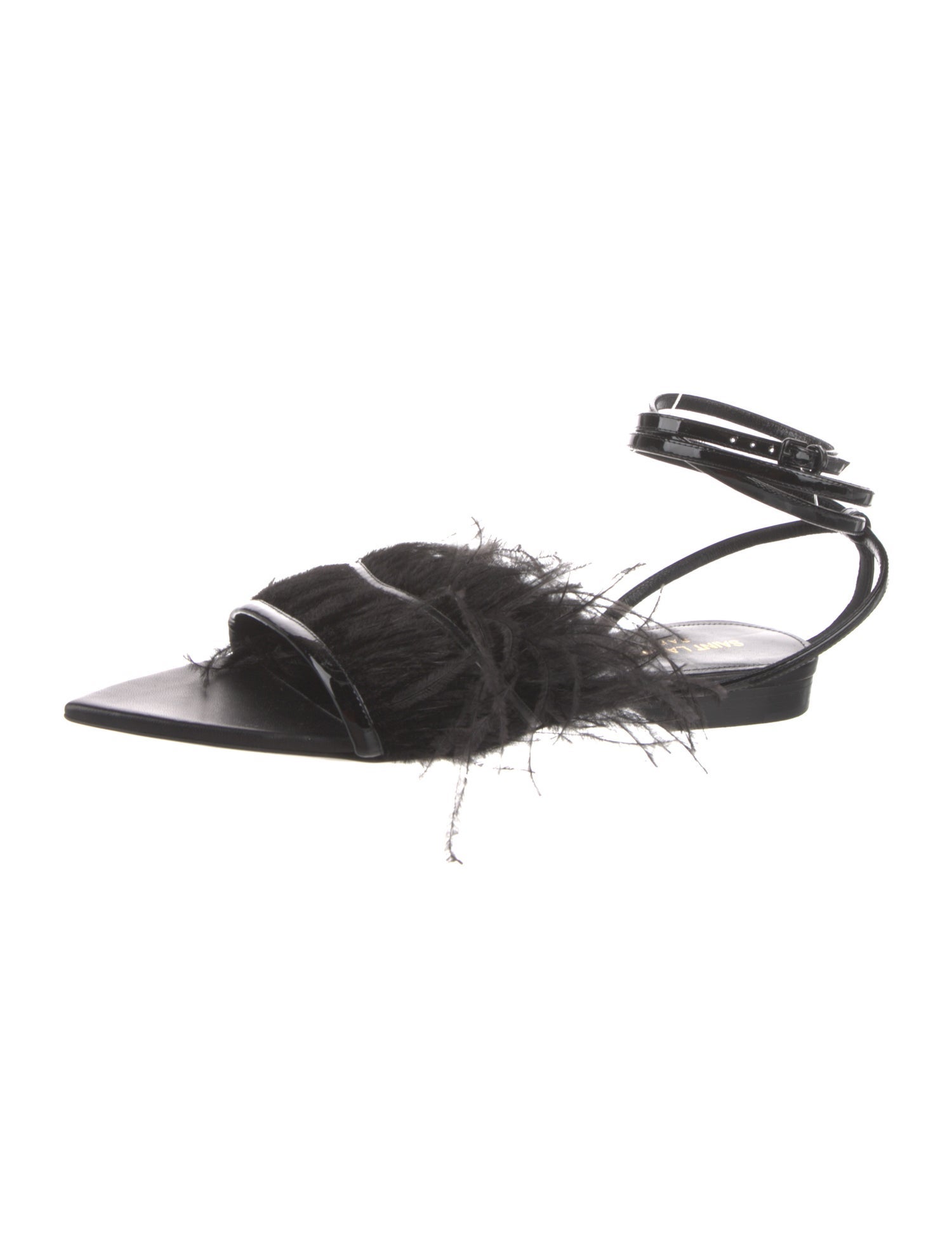 Saint Laurent Patent Leather Feather Trim Gladiator Sandals w/ Tags