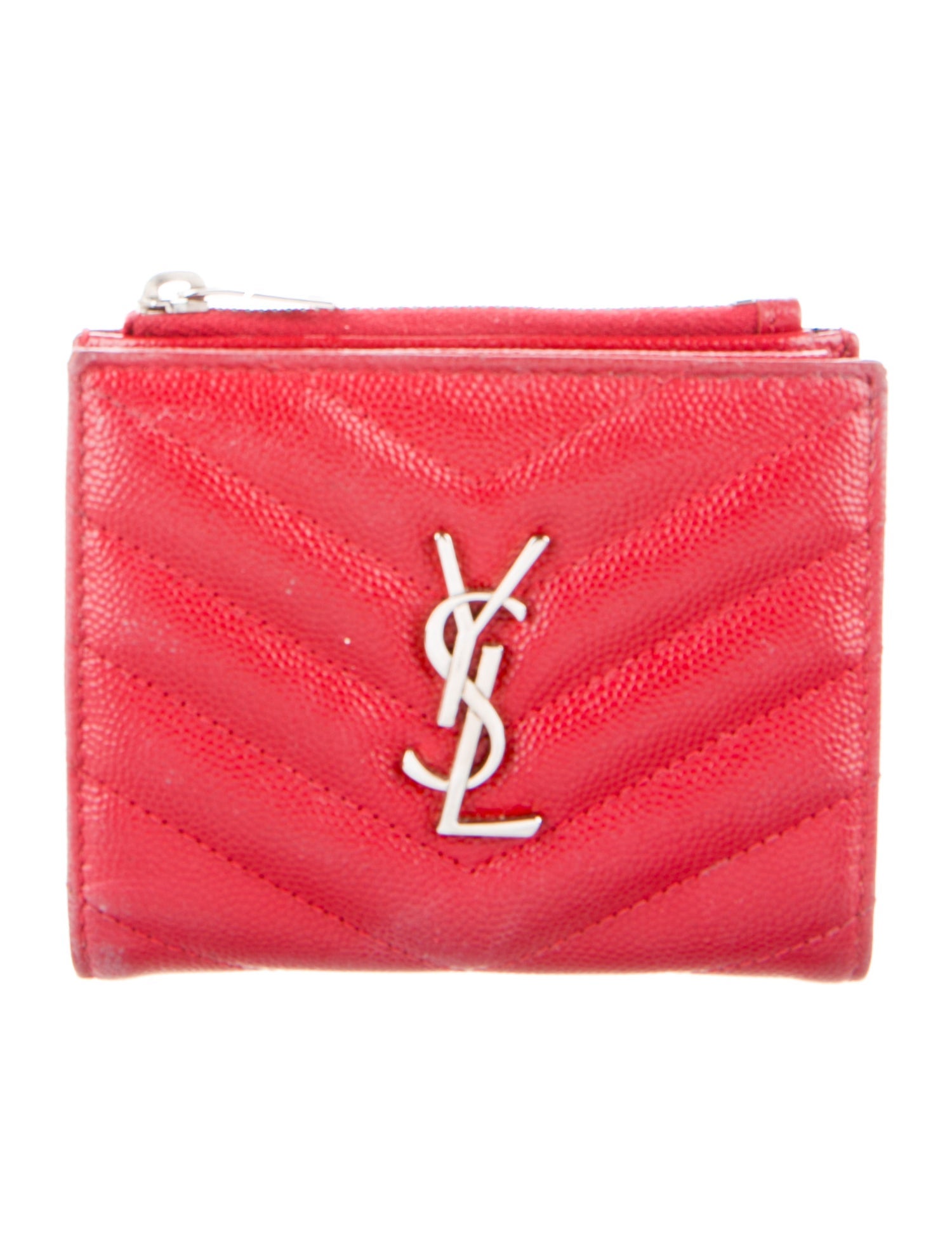 Saint Laurent Chevron Monogram Zipped Card Case Quilted Pattern Compact Wallet