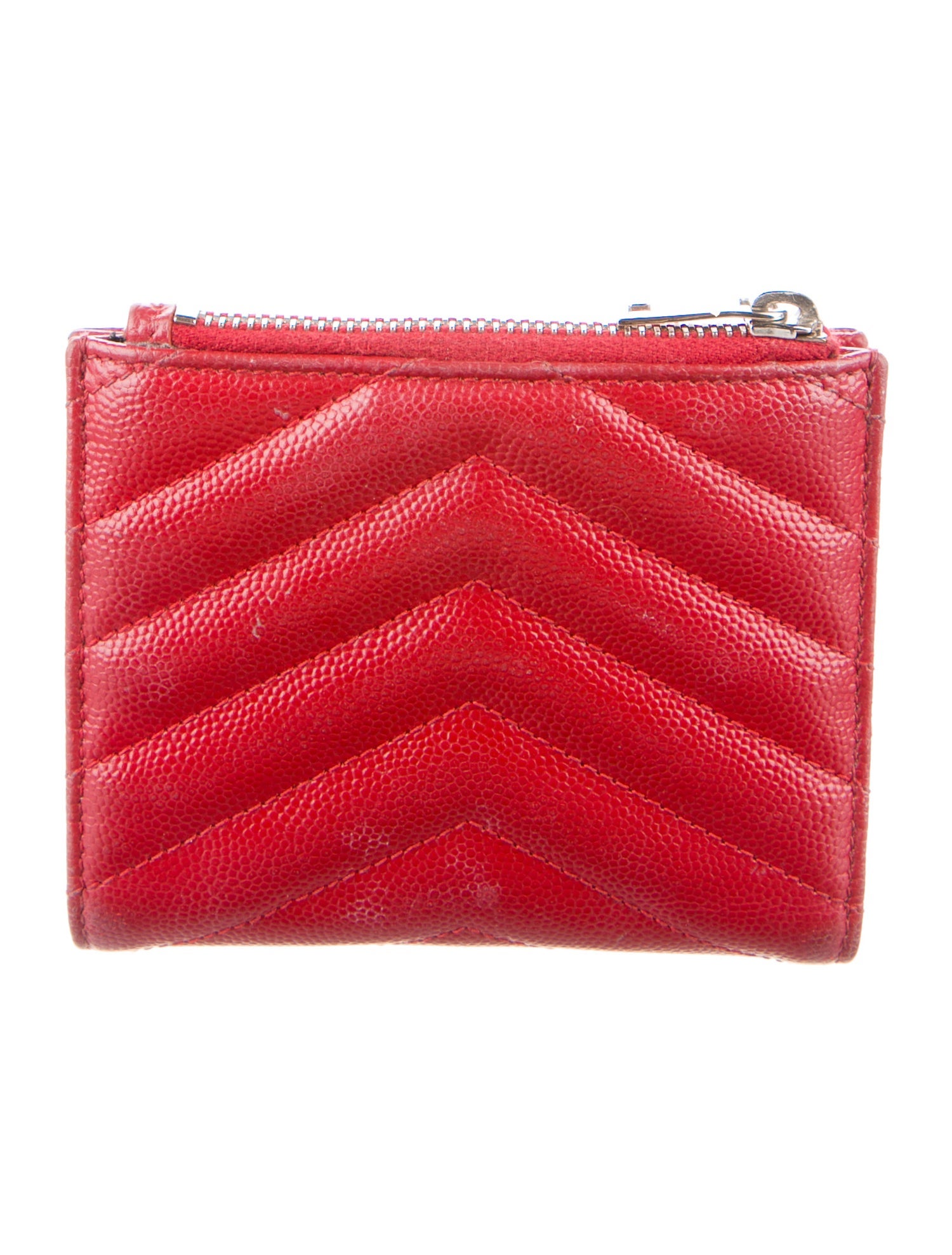 Saint Laurent Chevron Monogram Zipped Card Case Quilted Pattern Compact Wallet