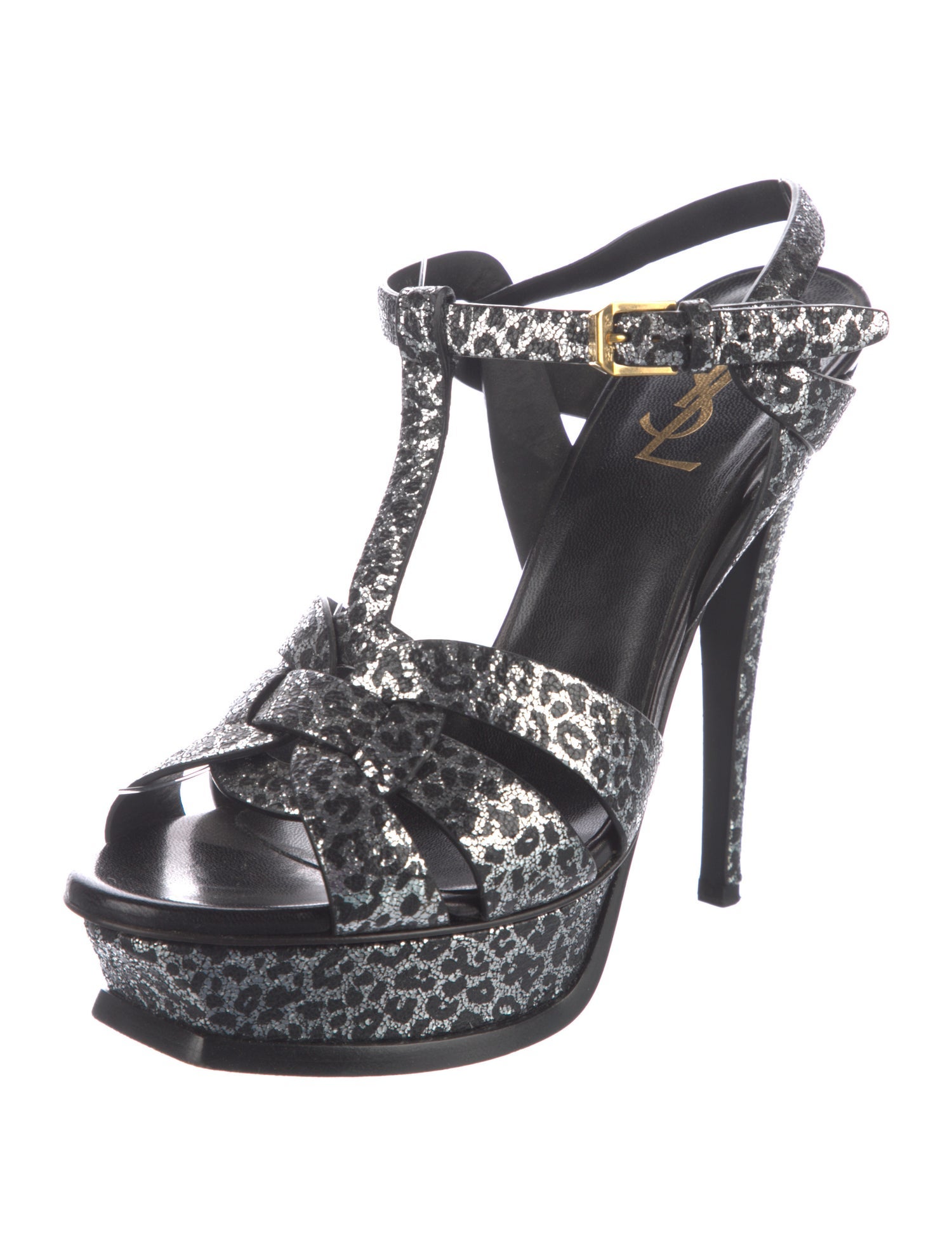 Saint Laurent Leather Animal Print T-Strap Sandals