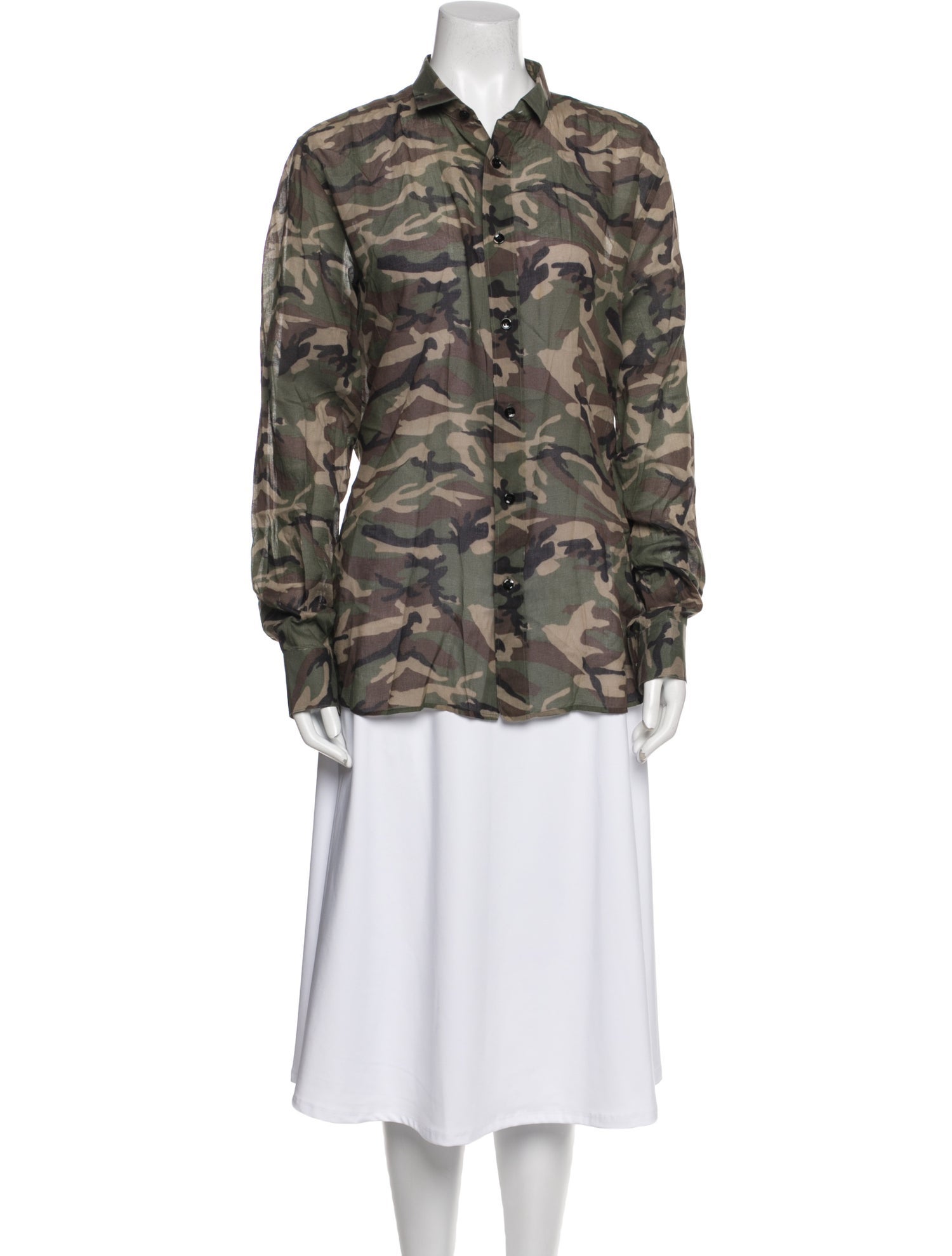 Saint Laurent Camouflage Print Long Sleeve Button-Up Top