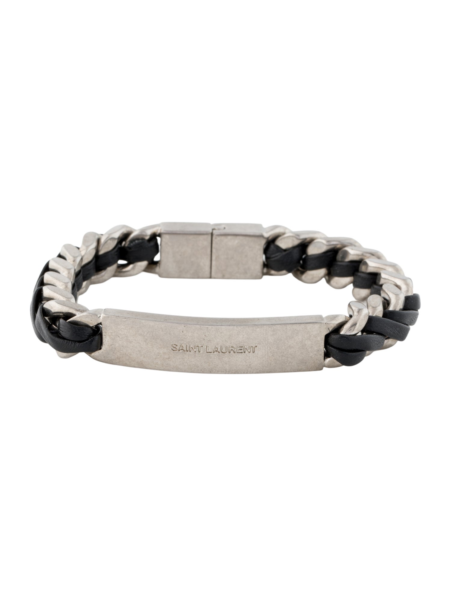 Saint Laurent Leather Woven Tag Curb Link Bracelet