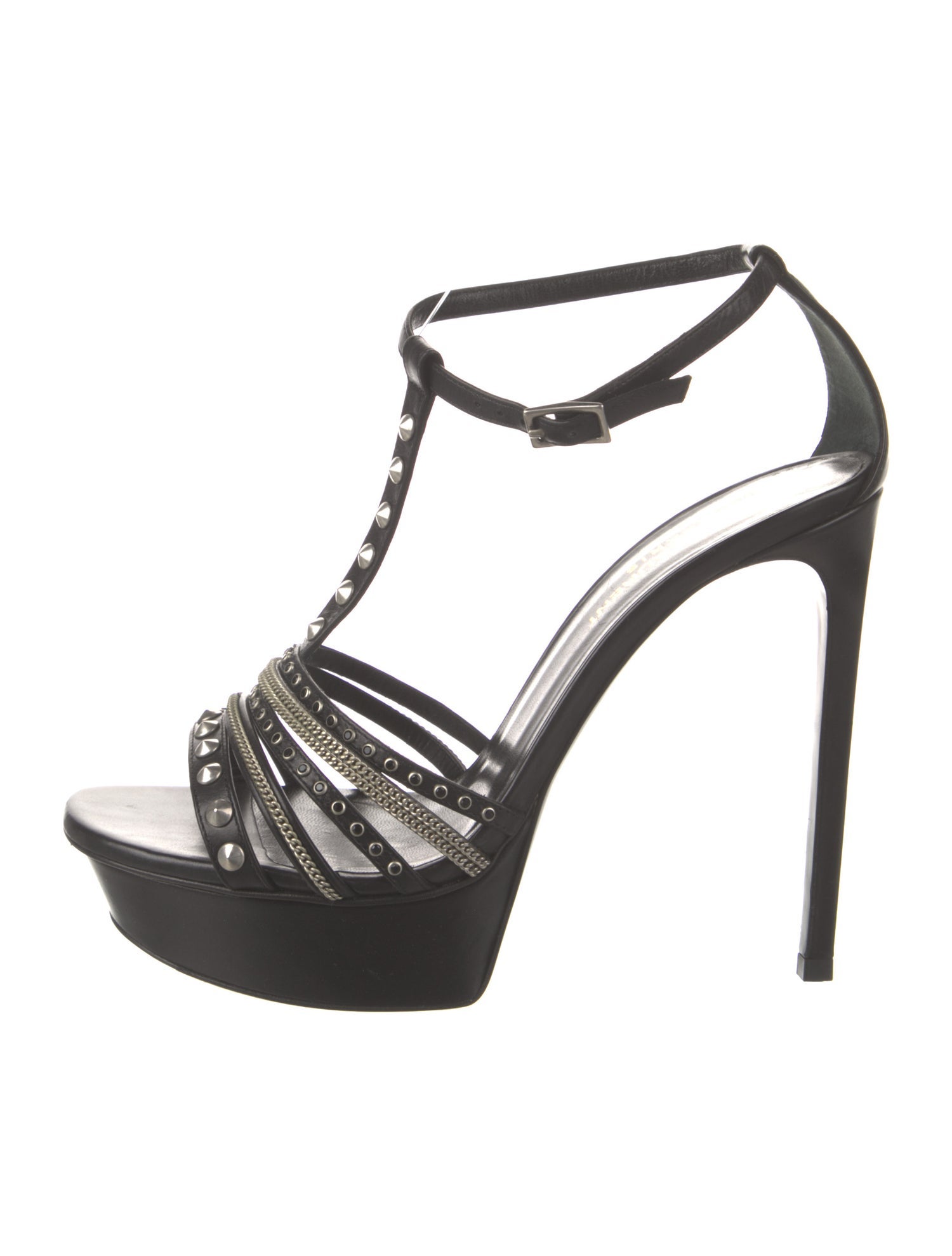Saint Laurent Leather Chain-Link Accents T-Strap Sandals