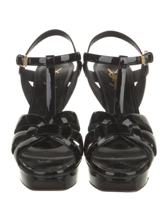 Saint Laurent Patent Leather Cutout Accent T-Strap Sandals