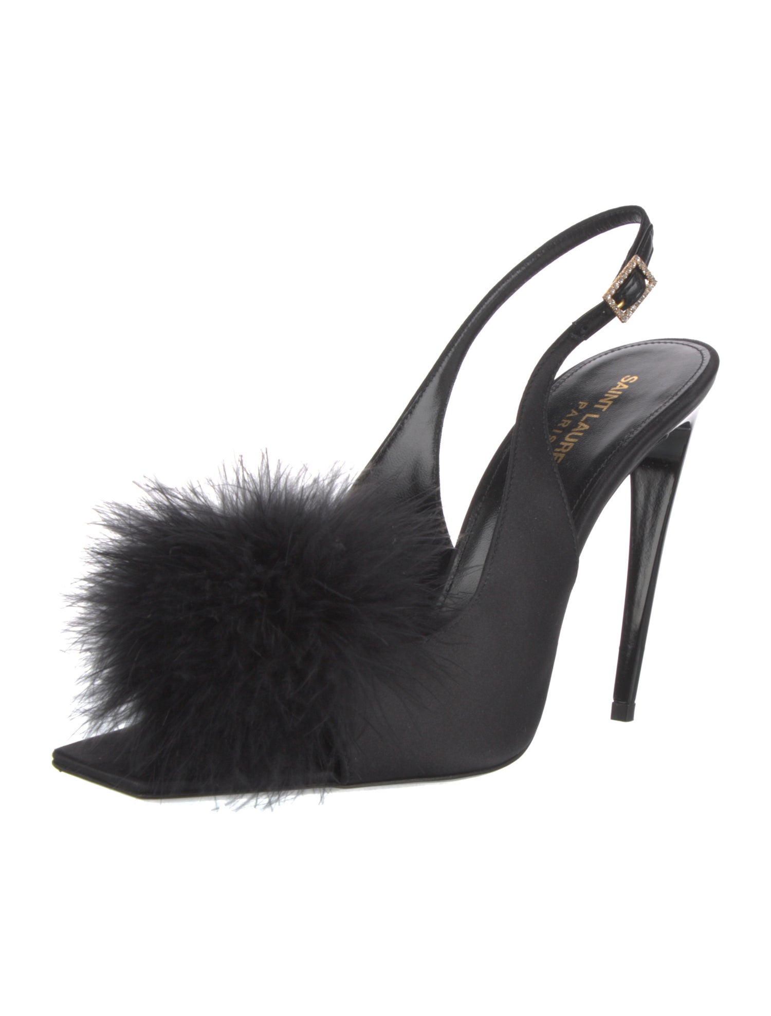 Saint Laurent Satin Feather Trim Slingback Pumps