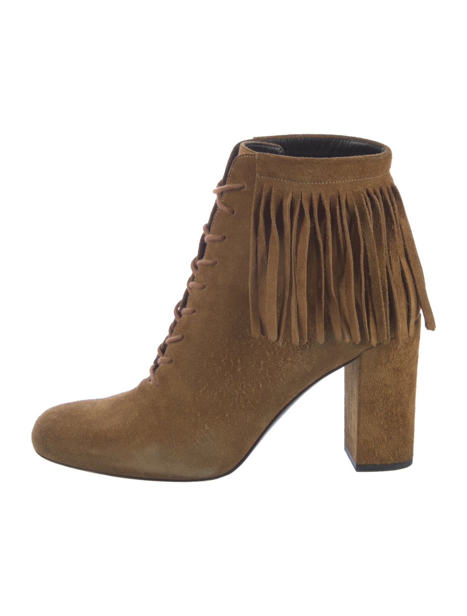 Saint Laurent Suede Fringe Trim Accent Lace-Up Boots
