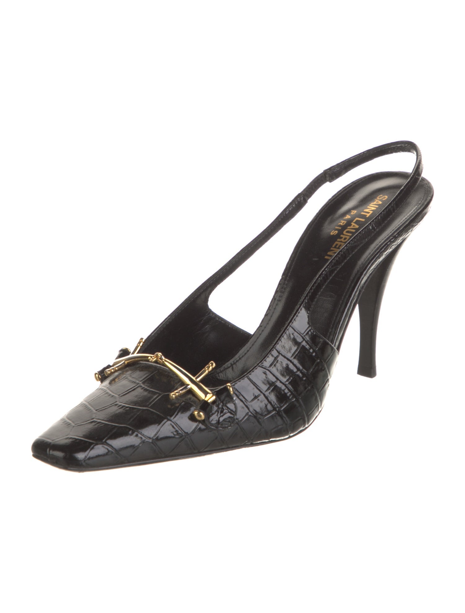 Saint Laurent Horsebit Accent Embossed Leather Slingback Pumps