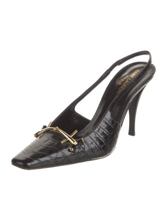 Saint Laurent Horsebit Accent Embossed Leather Slingback Pumps