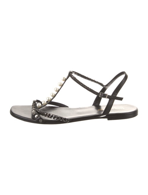Saint Laurent Faux Pearl Accents Leather T-Strap Sandals