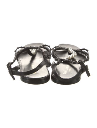 Saint Laurent Faux Pearl Accents Leather T-Strap Sandals