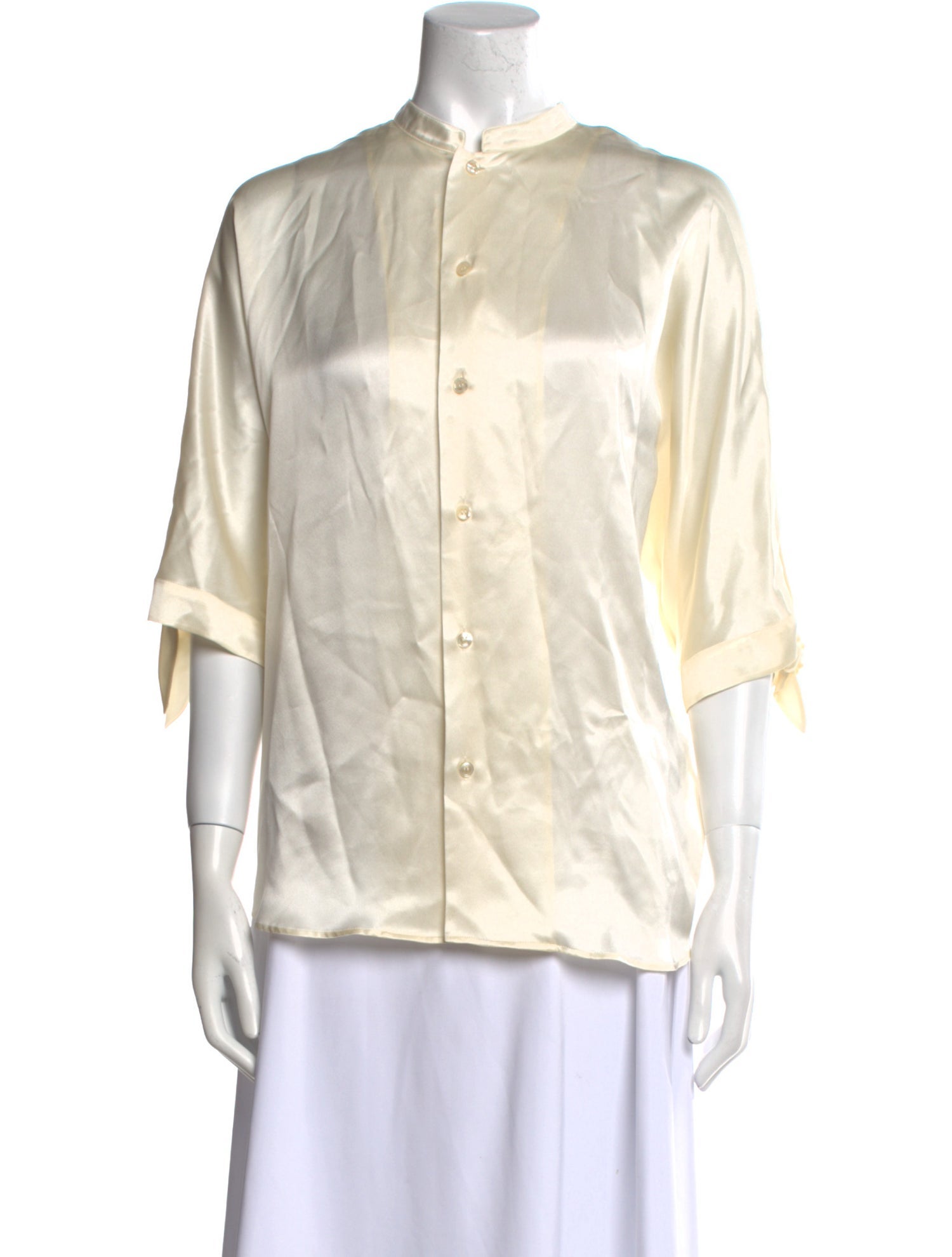 Saint Laurent Mock Neck Three-Quarter Sleeve Button-Up Top