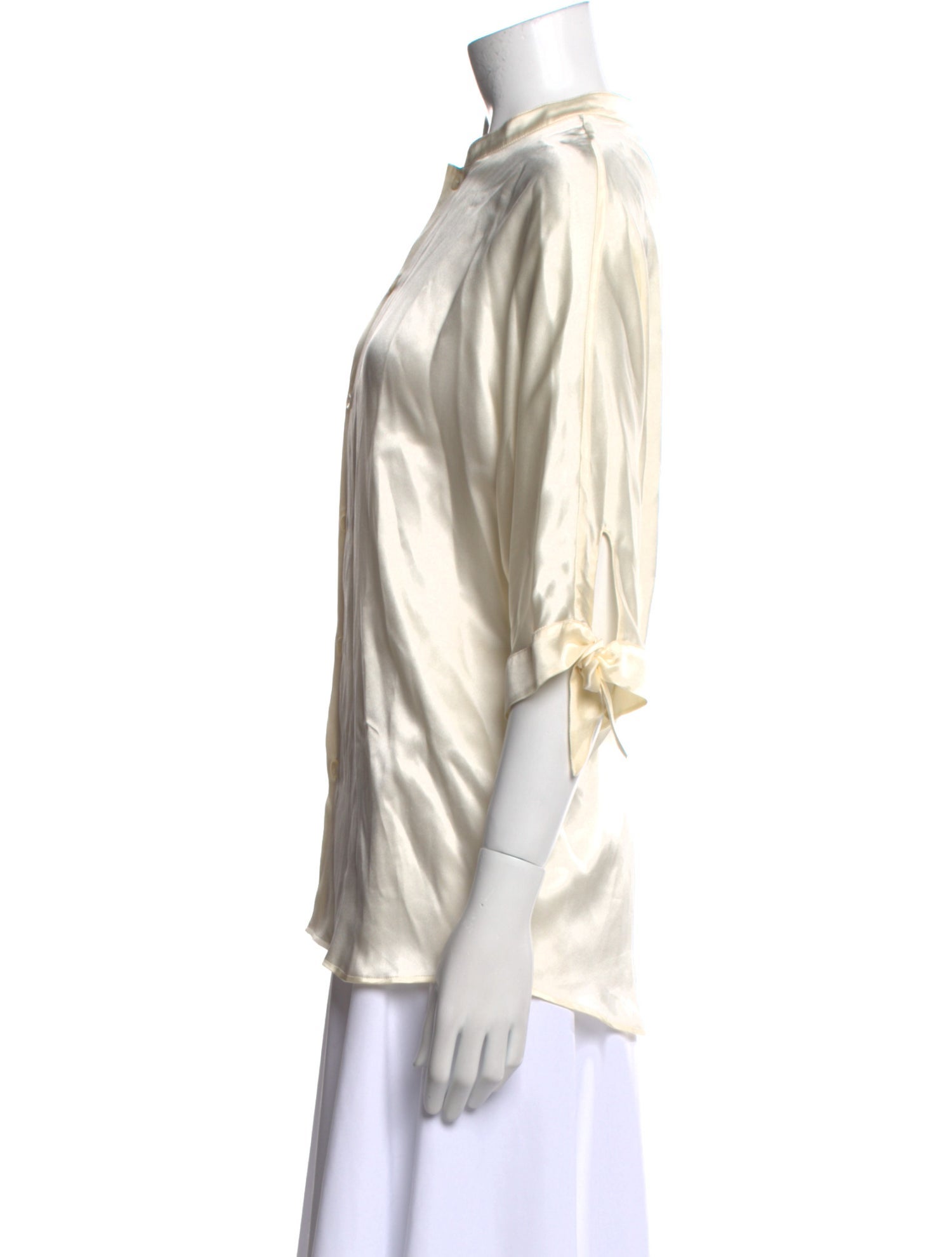 Saint Laurent Mock Neck Three-Quarter Sleeve Button-Up Top